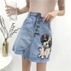 Dog Embroidered Denim A-line Skirt
