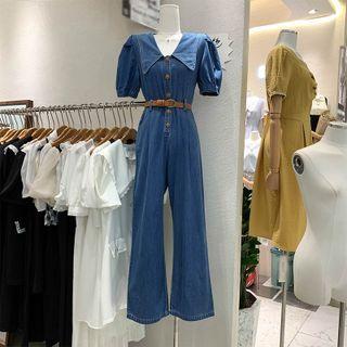 Short-sleeve Denim Wide Leg Jumpsuit