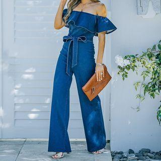 Off-shoulder Ruffled Tie-waist Denim Jumpsuit