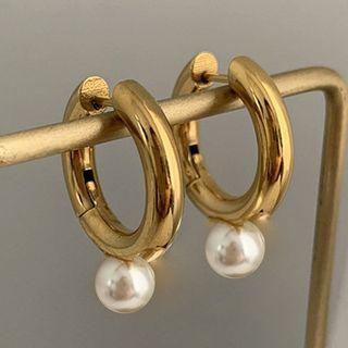Faux Pearl Ear Stud 1 Pair - Hoop Earring - Faux Pearl - Circle - Gold & White - One Size