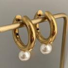 Faux Pearl Ear Stud 1 Pair - Hoop Earring - Faux Pearl - Circle - Gold & White - One Size