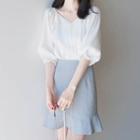 Set: Balloon-sleeve Blouse + Frill Hem Pencil Skirt