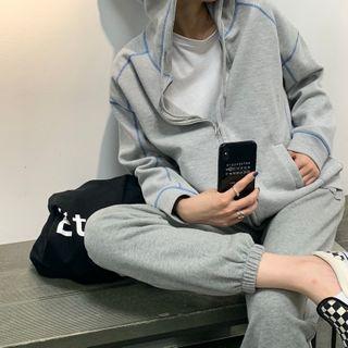 Contrast Stitching Zip-up Hoodie Gray - One Size