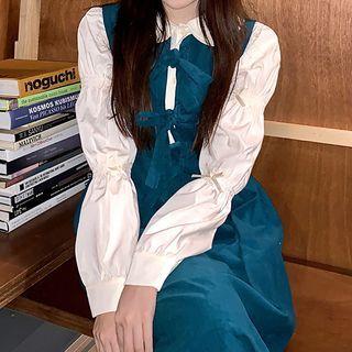 Puff-sleeve Collared Blouse / Bow Midi A-line Overall Dress