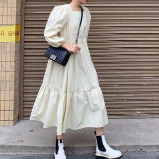 Square-neck Puff-sleeve Plain Ruffle Maxi Dress