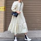 Square-neck Puff-sleeve Plain Ruffle Maxi Dress