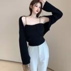 Set: Chain-strap Knit Camisole Top + Cropped Open-front Cardigan