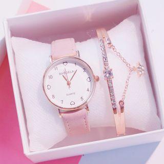 Faux Leather Heart Print Strap Watch / Bangle / Set