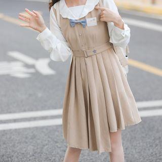 Mock Two-piece Asymmetrical Hem Pleated Midi A-line Dress