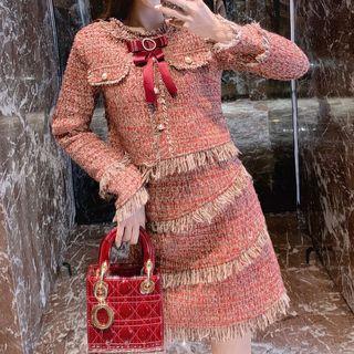 Set: Fringed Tweed Buttoned Jacket + Mini Skirt