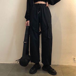 Long-sleeve Frill Trim Cropped Top / Wide-leg Cargo Pants