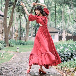 3/4-sleeve Ruffled Midi Dress