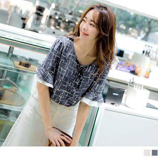 Tie-neck Ruffle Sleeve Printed Chiffon Top