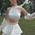 Set: Sleeveless Tie-neck Crop Top + Arm Sleeves