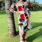 Square-neck Floral Midi Sheath Dress