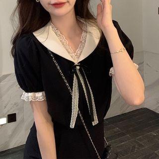 Set: Short-sleeve Lace Trim Blouse + Mini Pencil Skirt