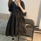 Short-sleeve Drawstring Midi A-line Dress Black - One Size