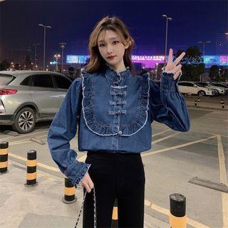 Ruffled Frog-button Denim Blouse