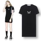 Butterfly Embroidered Short-sleeve Mini T-shirt Dress Black - One Size