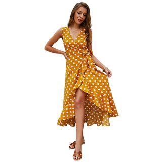 Sleeveless Tie-waist Dotted A-line Dress