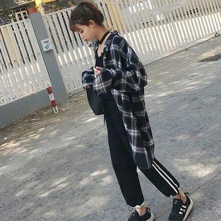 Oversized Long-sleeve Plaid Shirt Black - One Size