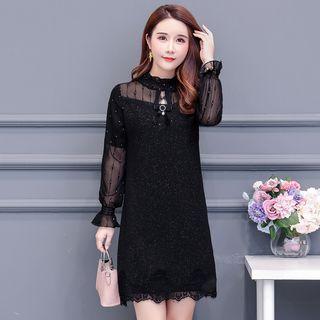 Long-sleeve Ruffled Panel Mini Shift Dress