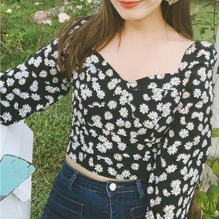Floral Print Sweetheart Neckline Long-sleeve Cropped Top
