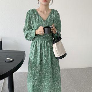 Lantern-sleeve V-neck Floral Shirred Dress