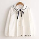Ribbon Embroidered Cat Collared Long-sleeve Blouse