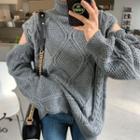 Turtle-neck Slit-shoulder Cable-knit Sweater