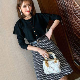 Set: Ruffle Long-sleeve Knit Top + Plaid A-line Skirt