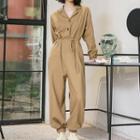 V-neck Smocked-cuff Jumpsuit Camel - One Size