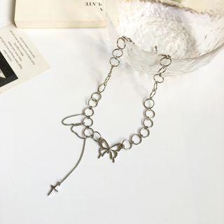 Cross & Butterfly Pendant Alloy Choker Necklace - Silver - One Size