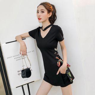 Set: Side Tie Short-sleeve Mini A-line Dress + Shorts