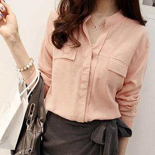 Long-sleeve Pocket-accent Blouse