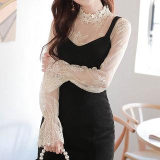 Crochet-neck See-through Lace Top