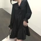 Layered Collar Long-sleeve Mini A-line Dress Black - One Size