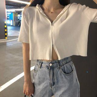 Short-sleeve Zip-up Knit Hoodie