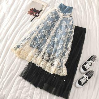 Lace Sheer Top / Plain Turtle-neck Long-sleeve Top / Rhinestone Skirt