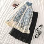 Lace Sheer Top / Plain Turtle-neck Long-sleeve Top / Rhinestone Skirt