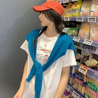 Elbow-sleeve Print T-shirt / Shawl