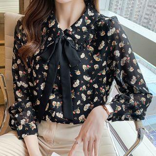 Long-sleeve Peter Pan Collar Bow Floral Chiffon Shirt