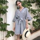 Plain V-neck 3/4 Sleeve Chiffon Dress