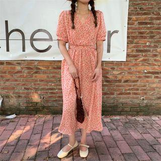 Short-sleeve V-neck Floral Print Dress Orange Pink - One Size