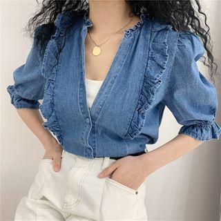 V Neckline Denim Puff-sleeve Top