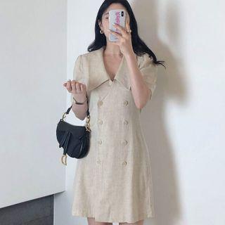 Short-sleeve Double Breasted Plain Dress