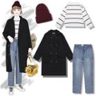 Double Breasted Coat / Straight Fit Jeans / Striped Top / Beanie