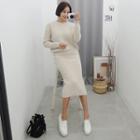Set: Wavy-knit Sweater + Midi Skirt Beige - One Size