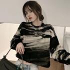 Long-sleeve Tie Dye Cropped T-shirt Black - One Size