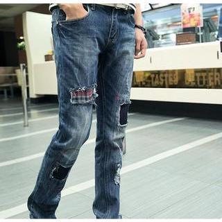 Distressed Patchwork Straight-leg Jeans